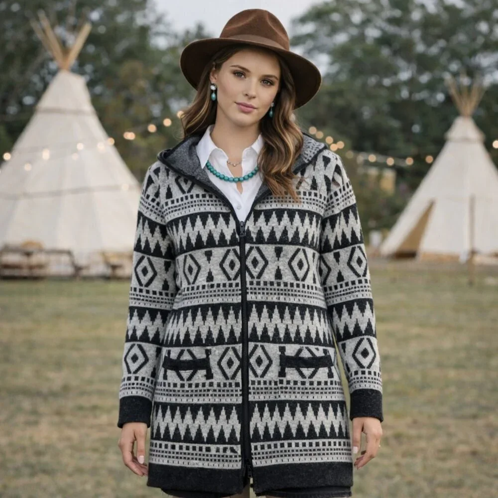 Monteau Boho Knit Open Front Hooded Duster Cardigan Medium